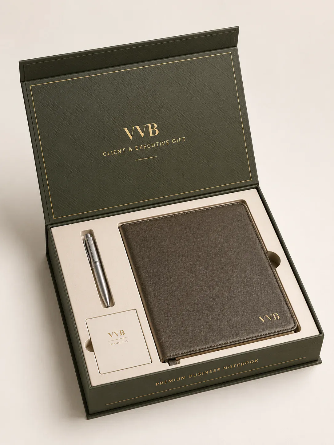 Client appreciation gift box with branded corporate gifts in a molded tray.